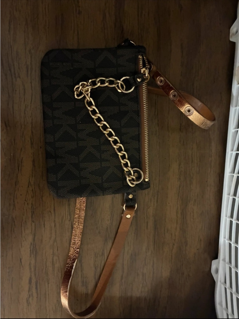 Michael Kors Black Signature Canvas Crossbody with Gold Chain and Brown Straps